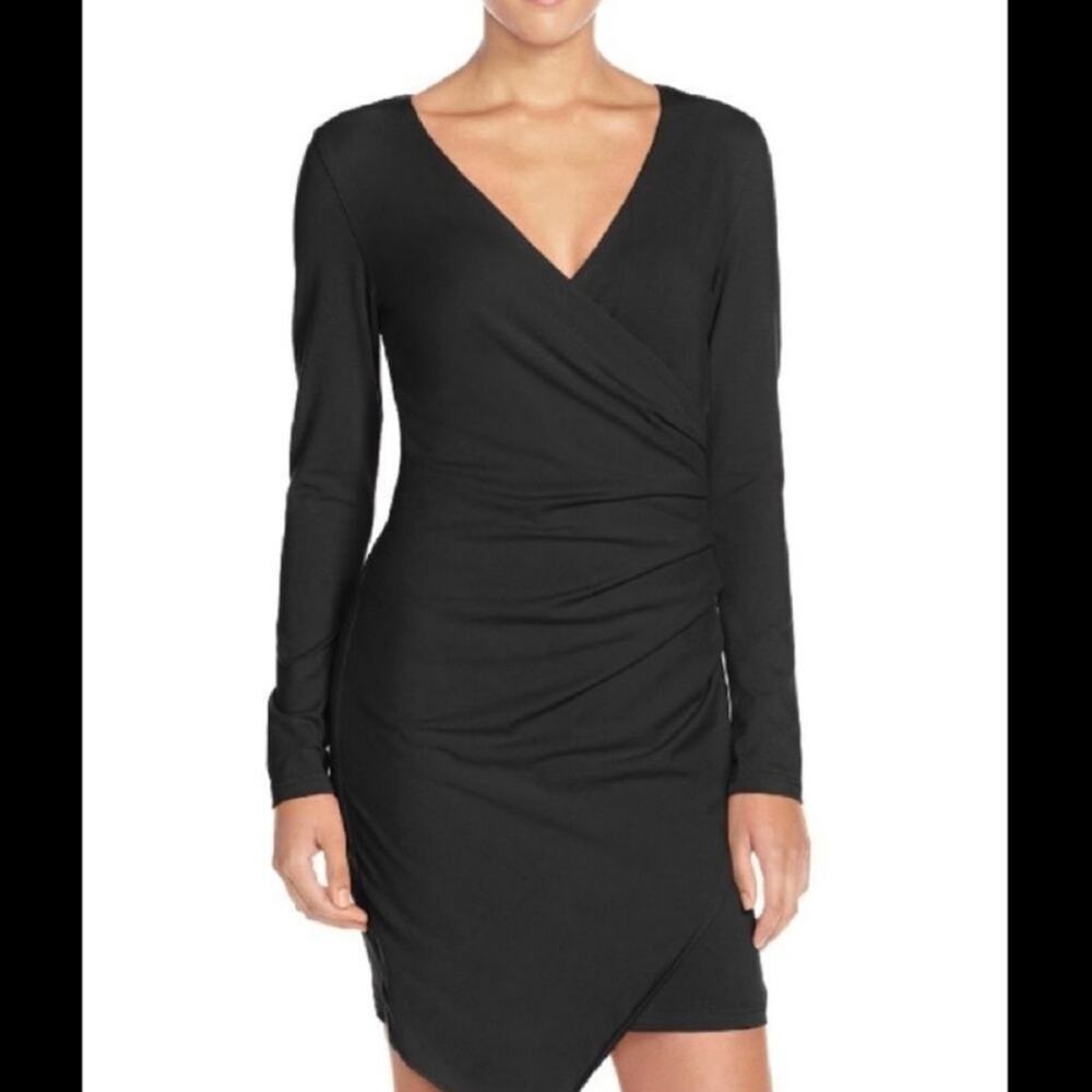 Adelyn Rae Faux Wrap Ruched Sweater Dress knit black stretchy cozy fall winter S